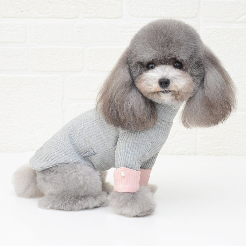 Dog Turtleneck Shirt with Faux Pearl Button Accent For Small Dog Breeds (Grey)