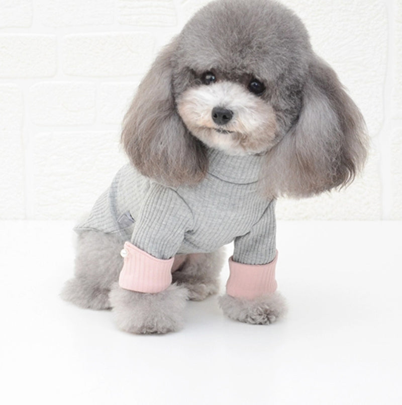 Dog Turtleneck Shirt with Faux Pearl Button Accent For Small Dog Breeds (Grey)